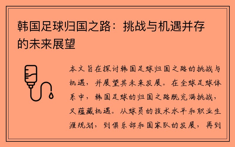 韩国足球归国之路：挑战与机遇并存的未来展望